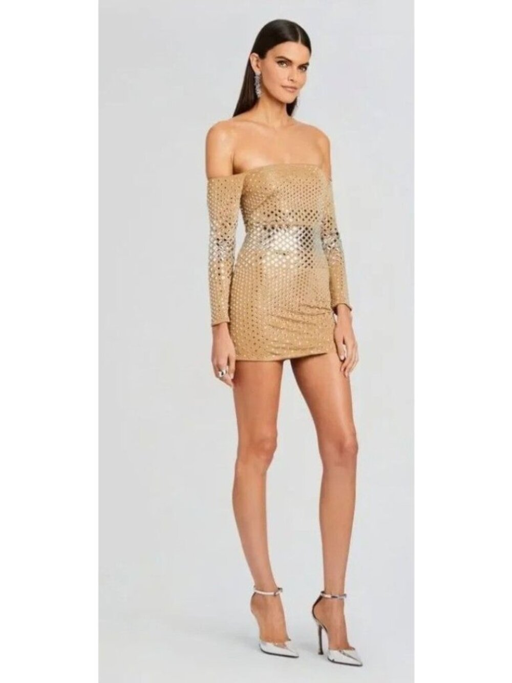Retrofete Briella Embellished Fitted Mini Dress Stretch Off Shoulders Size L NWT